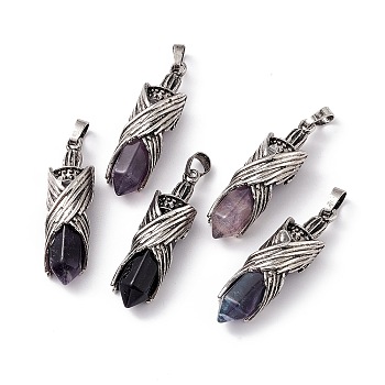 Natural Fluorite Pendants, Faceted Bullet Charms, Rack Plating Antique Silver Tone Brass Wing Findings, Cadmium Free & Lead Free, 42.5x12.5x11mm, Hole: 8x5mm