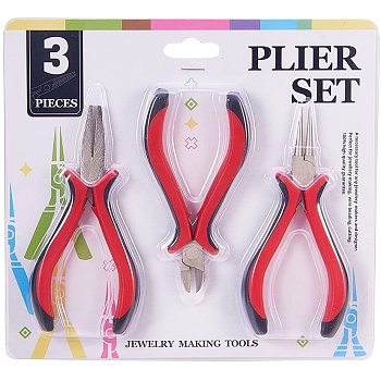 DIY Jewelry Tool Sets, Ferronickel Round Nose Pliers, Flat Nose Pliers and Side Cutting Pliers, Red, 115~120x65~70mm, 3pcs/set