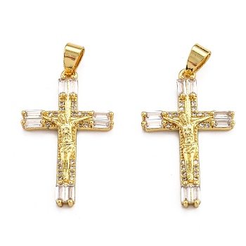 Brass Micro Pave Clear Cubic Zirconia Pendants, Long-Lasting Plated, Cross, Real 18K Gold Plated, 32x20x4.5mm, Hole: 2.5x4.5mm