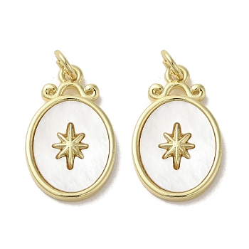 Brass Pave Shell Pendants, Oval Charms with Star, Real 18K Gold Plated, 20.5x13x2mm, Hole: 3.4mm