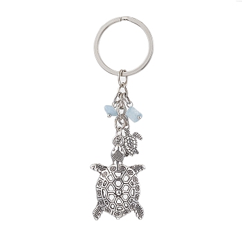 Turtle Alloy Pendant Keychain, with Natural Aquamarine Chip, Antique Silver, 9.3cm
