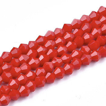 Opaque Solid Color Glass Beads Strands, Imitation Jade, Faceted, Bicone, Red, 4.5x4mm, Hole: 1mm, about 92~96pcs/strand, 13.78~14.37 inch