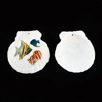 Printed Natural Freshwater Shell Big Pendants, Shell Charm, Green, Sea Animals, 55~75x52~70x6~8mm, Hole: 1.4mm