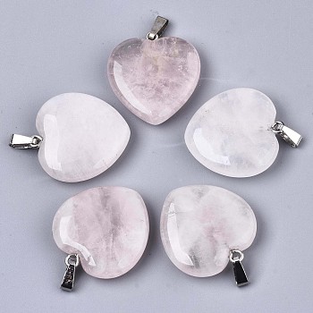 Natural Rose Quartz Pendants, with Stainless Steel Pinch Bails and Iron Loop, Heart, 26.5~27.5x25.5x8mm, Hole: 2x6mm
