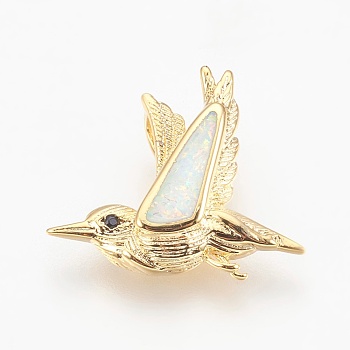 Brass Pendants, with Synthetic Opal and Cubic Zirconia, Bird, White, Golden, 14.5x17x2.5mm, Hole: 2.5x4mm