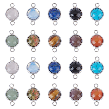 20Pcs 10 Styles Natural & Synthetic Mixed Gemstone Connector Charms Sets, Half Round Links, with Stainless Steel Color Tone 304 Stainless Steel Findings, 12x19.5x5mm, Hole: 2mm, 2pcs/style