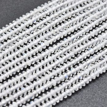 Natural Rainbow Moonstone Beads Strands, Faceted, Bicone, 2~2.5x1~1.5mm, Hole: 0.5mm, about 268~298pcs/strand, 15.35 inch(39cm)