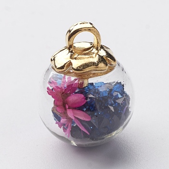 Glass Ball Pendants, with CCB Plastic Findings, Random Dried Flower and Rhinestone, Dark Blue, 23.5x18.5mm, Hole: 3.5mm