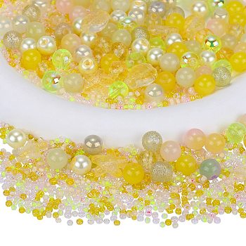 Glass Beads, Round & Starfish & Fish & Rondelle, Mixed Style, Yellow, 2.5~14x2.5~13.5x2~8.5mm, Hole: 1~1.4mm, about 200~300pcs/bag, 2bags/box