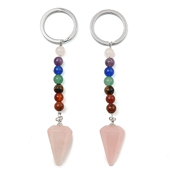 Natural Rose Quartz Cone Pendant Keychain, with 7 Chakra Gemstone Beads and Platinum Tone Brass Findings, 108mm