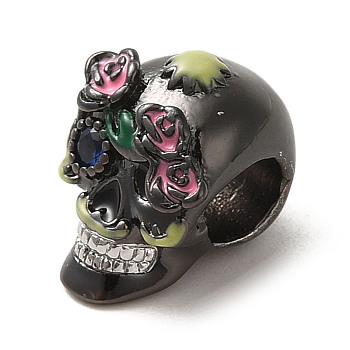 Brass Rhinestone European Beads, with Enamel, Large Hole Beads, Skull, For Halloween, Gunmetal, 12x9.5x9.5mm, Hole: 4mm