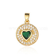 Brass Micro Pave Cubic Zirconia Pendants, Flat Round with Heart Charms, Real 18K Gold Plated, Green, 16x14x4.1mm(ZIRC-OY001-01G)