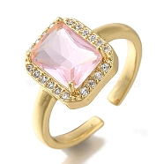 Rack Plating Rectangle Brass Clear Cubic Zirconia Open Cuff Rings for Women, Solitaire Ring with Glass, Cadmium Free & Lead Free, Long-Lasting Plated, Pink, 12mm(RJEW-S411-04G)