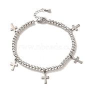 304 Stainless Steel Cross Charm Bracelet with 201 Stainless Steel Round Beads for Women, Stainless Steel Color, 8-1/2 inch(21.6cm)(BJEW-B057-24P)