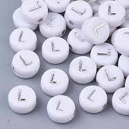 Plating Acrylic Beads, Silver Metal Enlaced, Horizontal Hole, Flat Round with Letter, White, Letter.L, 7x4mm, Hole: 1.2mm, about 3600pcs/500g.(PACR-R243-04L)