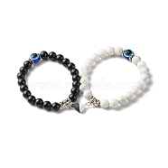 Magnetic Heart Clasps Stretch Bracelets Set for Lover Couples, Evil Eye Natural Obsidian & Howlite Bracelets, Mixed Color, Inner Diameter: 2~2-1/4 inch(5.1~5.8cm), 2pcs/set(BJEW-JB06772)