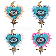 AHADERMAKER 4Pcs 4 Colors Heart with Evil Eye & Moon & Star Pattern Cloth Computerized Embroidery Iron On/Sew On Patches, Glitter Paillette Appliques, Mixed Color, 281~285x212~215x1~1.5mm, 1pc/color(PATC-GA0001-06)