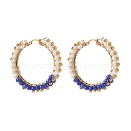 Glass Beads Braided Big Hoop Earrings, 304 Stainless Steel Wire Wrap Jewelry for Women, Golden, Blue, 48x48.5x9mm, Pin: 1.1x0.6mm(EJEW-JE04848-04)