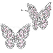 SHEGRACE Brass Stud Earrings, with Grade AAA Cubic Zirconia and 925 Sterling Silver Pins, Butterfly, Platinum, 22.19x24.56mm(JE799A)