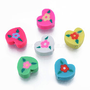 Handmade Polymer Clay Beads, Heart with Flower, Mixed Color, 9~9.5x10~10.5x4.5~5mm, Hole: 1.6mm(CLAY-N011-69)