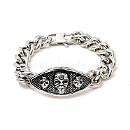 304 Stainless Steel Rhombus with Skull Link Bracelet with Curb Chains for Men Women, Stainless Steel Color, 8-5/8 inch(21.8cm)(BJEW-E009-23P)