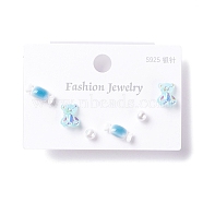 Bling Bear & Candy & Round Resin Stud Earrings Set for Girl Women, with 925 Sterling Silver Plated Pins, Sky Blue, 4~9x4~11x4~4.5mm, Pin: 0.7mm, 3 pairs/set(EJEW-D278-13S-01)