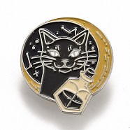 Flat Round with Cat Enamel Pin, Halloween Alloy Badge for Backpack Clothes, Platinum, Black, 30x27x1.5mm, Pin: 1.2mm(JEWB-M023-07)