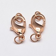 Rack Plating and Vacuum Plating Brass Lobster Claw Clasps for Jewelry Necklace Bracelet Making, with Two Jump Rings, Cadmium Free & Lead Free, Rose Gold, 12x7x3mm, Hole: 3mm(KK-I599-12mm-RG-RS)