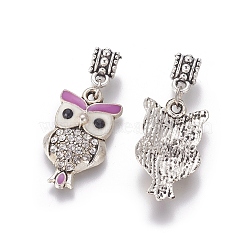 Alloy European Dangle Charms, Large Hole Beads, with Rhinestone and Enamel, Owl, Plum, Antique Silver, 38mm, Pendant: 26x15x4mm, Hole: 5mm(PALLOY-E521-01AS)