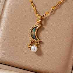 Chic Brass Crystal Rhinestone Moon Star Pendant Necklaces, with Paua Shell, for Fashionable Personality, Golden, 15.75 inch(40cm)(QW2604-2)