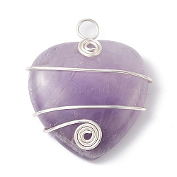 Natural Amethyst Copper Wire Wrapped Pendants, Heart Charms, Long-Lasting Plated, Silver Color Plated, 37.5~39.5x31~32x9.5mm, Hole: 4mm(PALLOY-JF02148-02)
