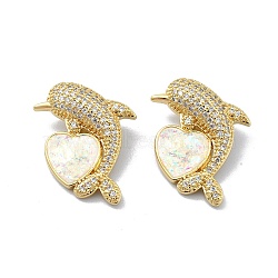 Brass Micro Pave Clear Cubic Zirconia Pendants, with Sythetic Opal, Dolphin and Heart, Real 18K Gold Plated, 22x19x8mm, Hole: 6x3mm(KK-A221-21A-G)