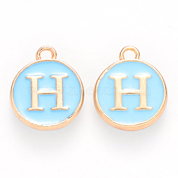 Golden Plated Alloy Enamel Charms, Cadmium Free & Lead Free, Enamelled Sequins, Flat Round with Letter, Sky Blue, Letter.H, 14x12x2mm, Hole: 1.5mm(X-ENAM-S118-04H)
