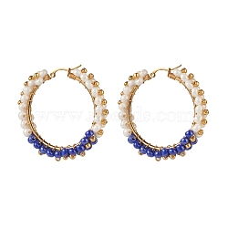 Glass Beads Braided Big Hoop Earrings, 304 Stainless Steel Wire Wrap Jewelry for Women, Golden, Blue, 48x48.5x9mm, Pin: 1.1x0.6mm(EJEW-JE04848-04)