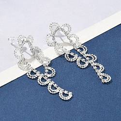 Brass Rhinestones Stud Earrings, Lace, Silver, 48x17.5mm(AJEW-D307-01P)