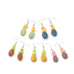 Lava Rock Beads Earring Hooks, with Shell Beads, Mixed Color, about 60mm long, pin: 0.6mm, Lava Rock Beads: 22x15x10mm, Shell Beads: 8~12x3~5mm(EJEW-D097-M)