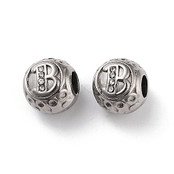 304 Stainless Steel Rhinestone European Beads, Round Large Hole Beads, Real 18K Gold Plated, Round with Letter, Letter B, 11x10mm, Hole: 4mm(STAS-A092-10B-P)