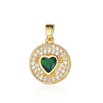 Brass Micro Pave Cubic Zirconia Pendants, Flat Round with Heart Charms, Real 18K Gold Plated, Green, 16x14x4.1mm