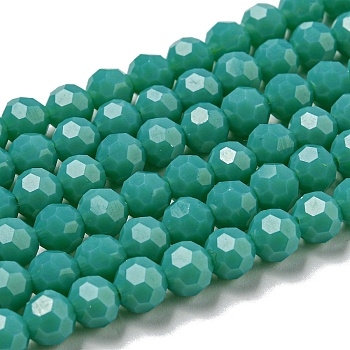 Opaque Glass Beads Stands, Faceted(32 Facets), Round, Green, 6mm, Hole: 1mm, about 98pcs/strand, 20.47''(52cm)