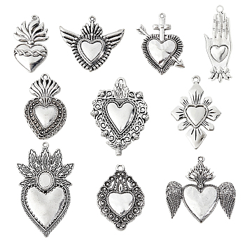 20Pcs 10 Styles Tibetan Style Alloy Pendants, Sared Heart, Antique Silver, 35~58.5x16~42x2.5~4mm, Hole:1.6~2.1mm, 2pcs/style