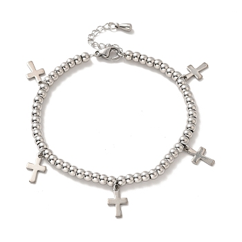304 Stainless Steel Cross Charm Bracelet with 201 Stainless Steel Round Beads for Women, Stainless Steel Color, 8-1/2 inch(21.6cm)