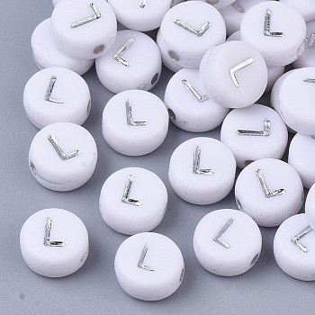 Plating Acrylic Beads, Silver Metal Enlaced, Horizontal Hole, Flat Round with Letter, White, Letter.L, 7x4mm, Hole: 1.2mm, about 3600pcs/500g.