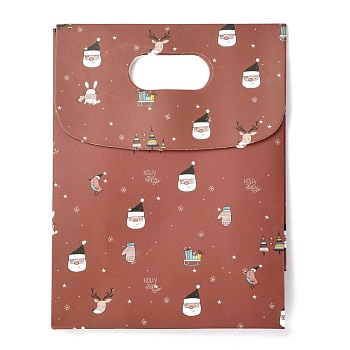 Christmas Themed Pattern Rectangle Kraft Paper Flip Bags, with Handle, Gift Bags, Shopping Bags, Indian Red, 14x6x16.5cm