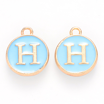 Golden Plated Alloy Enamel Charms, Cadmium Free & Lead Free, Enamelled Sequins, Flat Round with Letter, Sky Blue, Letter.H, 14x12x2mm, Hole: 1.5mm