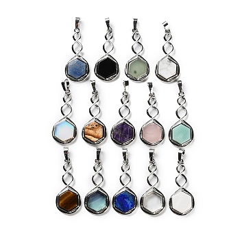 Gemstone/White Shell Pendants, Rack Plating Brass Hexagon Charms, Lead Free & Cadmium Free, Platinum, 37.5x17x4.5~5mm, Hole: 6.5x5mm