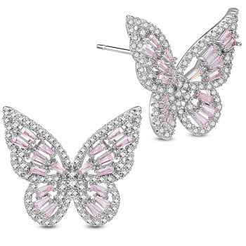 SHEGRACE Brass Stud Earrings, with Grade AAA Cubic Zirconia and 925 Sterling Silver Pins, Butterfly, Platinum, 22.19x24.56mm