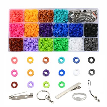 3000pcs 16 Color Fuse Beads DIY Jewelry Making, 5pcs Iron Brooch Pin Backs, Mobile Straps, Iron Keychain Findings, Iron Pad Ring Base Findings and Iron Flat Alligator Hair Clips
