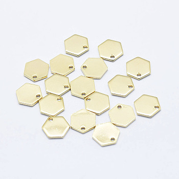 Brass Charms, Long-Lasting Plated, Real 18K Gold Plated, Nickel Free, Hexagon, 9x8x0.8mm, Hole: 1mm