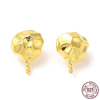 925 Sterling Silver Stud Earring Findings, Honeycomb, for Half Drilled Beads, Real 18K Gold Plated, 12.5x5.5x3mm, Pin: 0.7mm