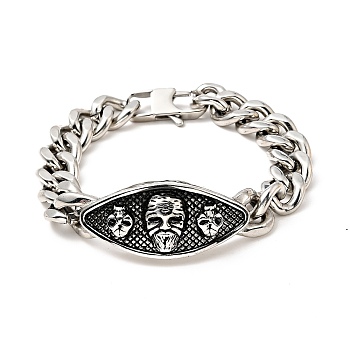 304 Stainless Steel Rhombus with Skull Link Bracelet with Curb Chains for Men Women, Stainless Steel Color, 8-5/8 inch(21.8cm)